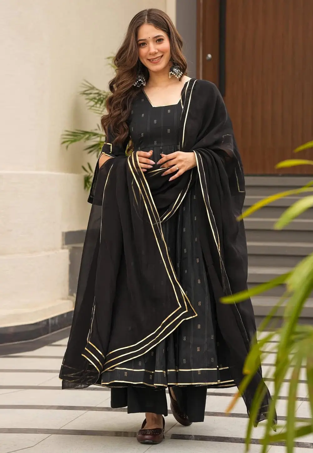 Black Muslin Readymade Palazzo Suit 303700
