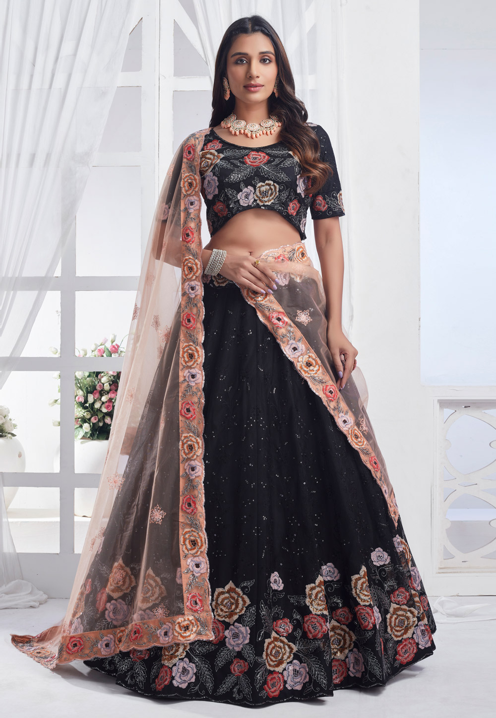 Black Net Circular Lehenga Choli 286635