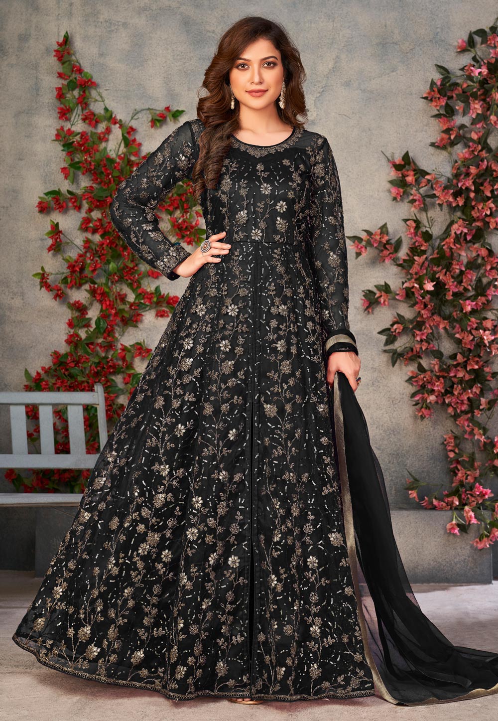 Black Net Embroidered Center Slit Anarkali Suit 308310