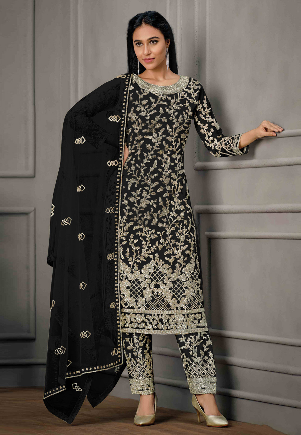 Black Net Embroidered Pant Style Suit 279191