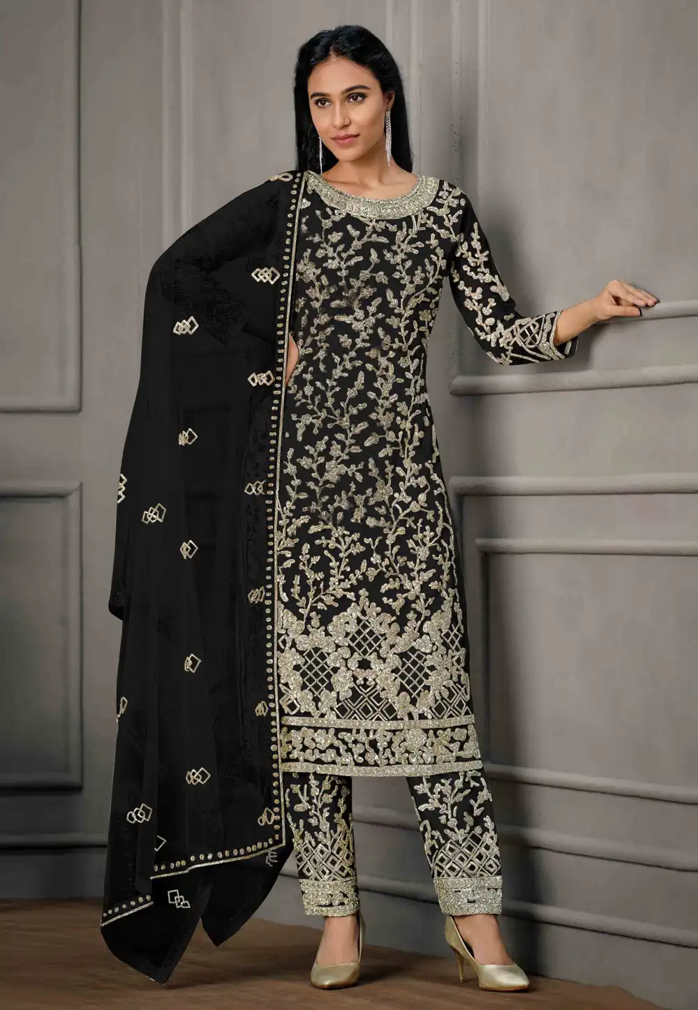 Black Net Embroidered Pant Style Suit 279191