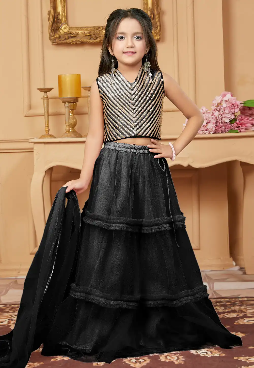 Black Net Kids Lehenga Choli 312263