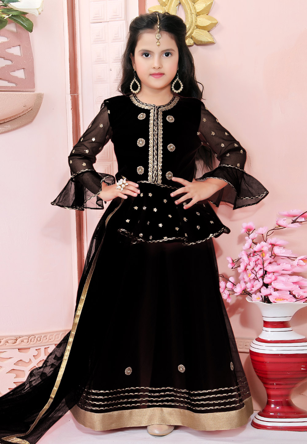 Black Net Kids Lehenga Choli 312249