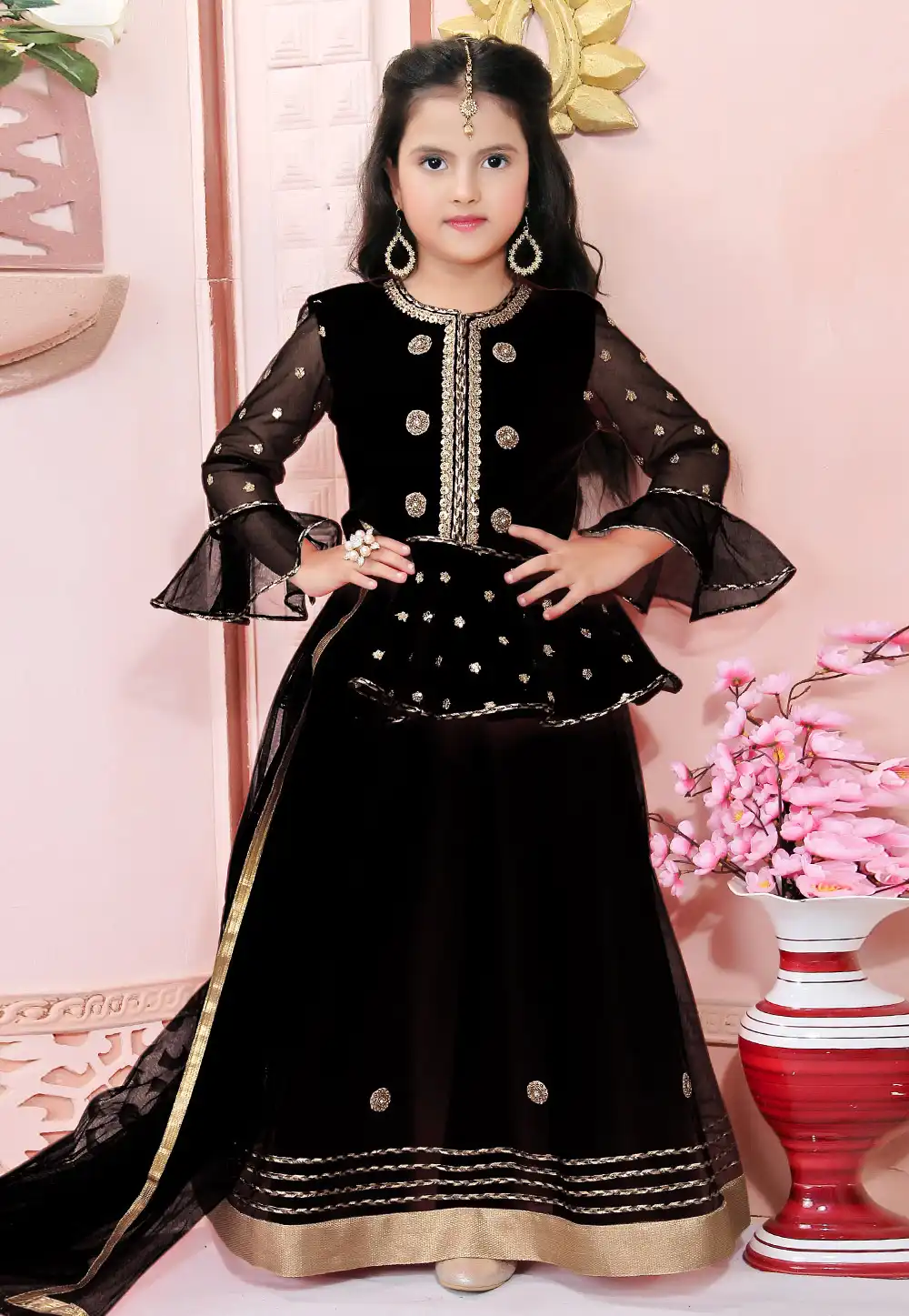 Black Net Kids Lehenga Choli 312249