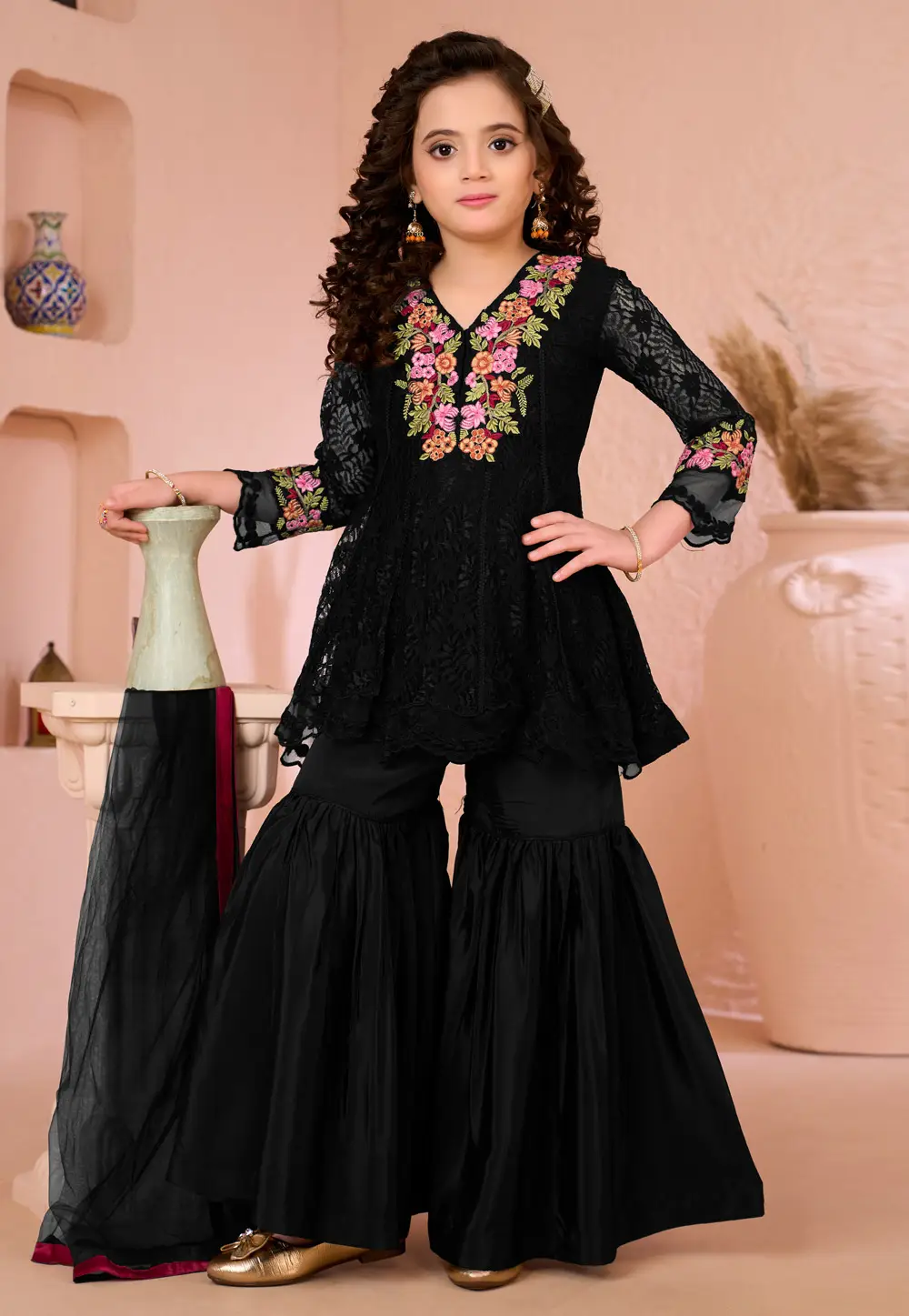 Black Net Kids Sharara Suit 334327