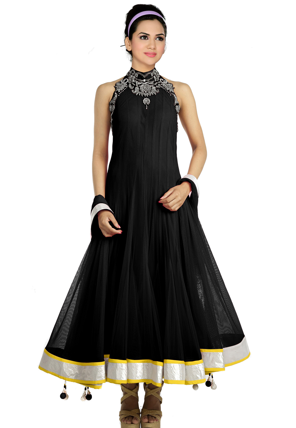 Black Net Readymade Long Anarkali Suit 321755