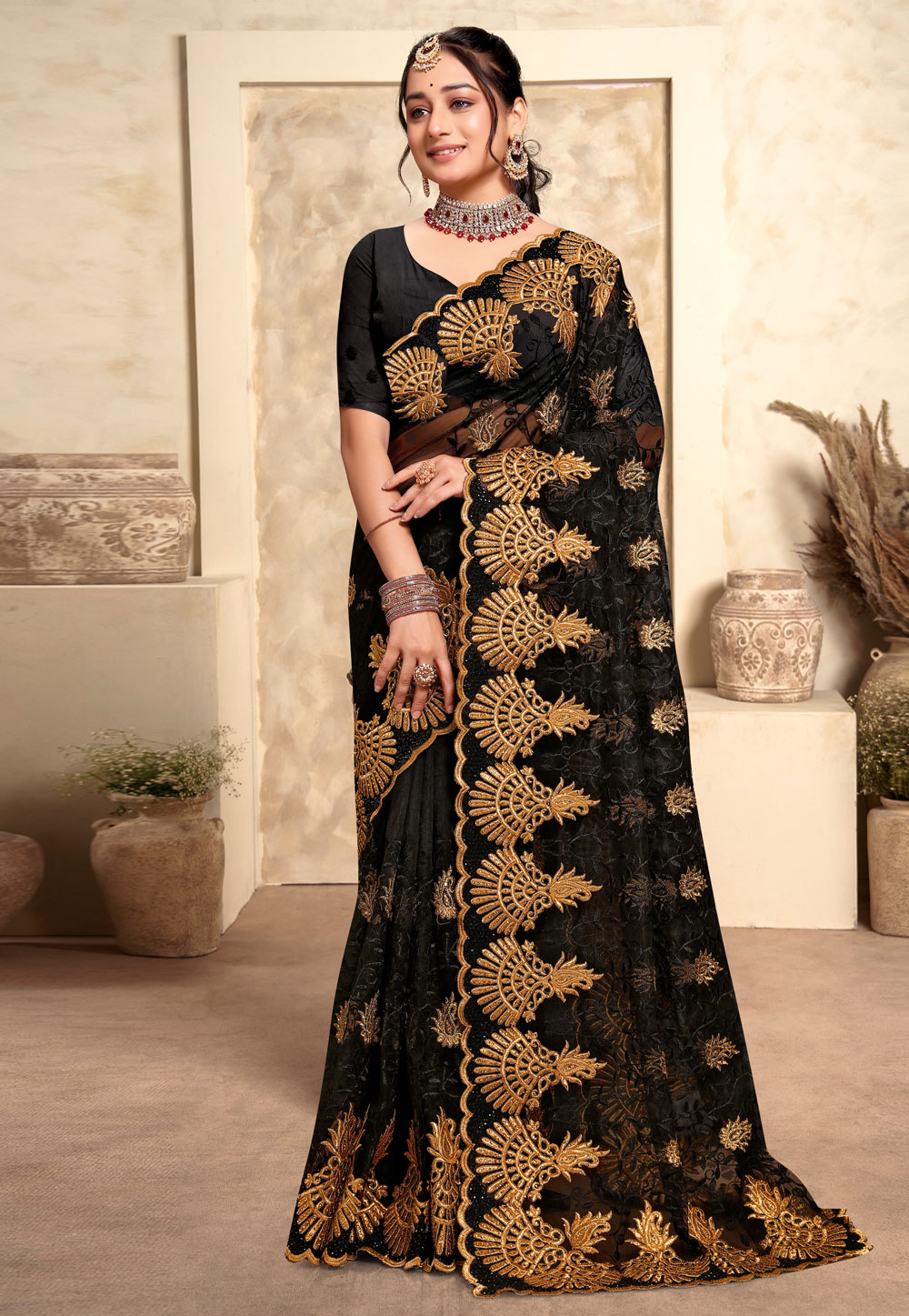 Black Net Saree With Blouse 280316