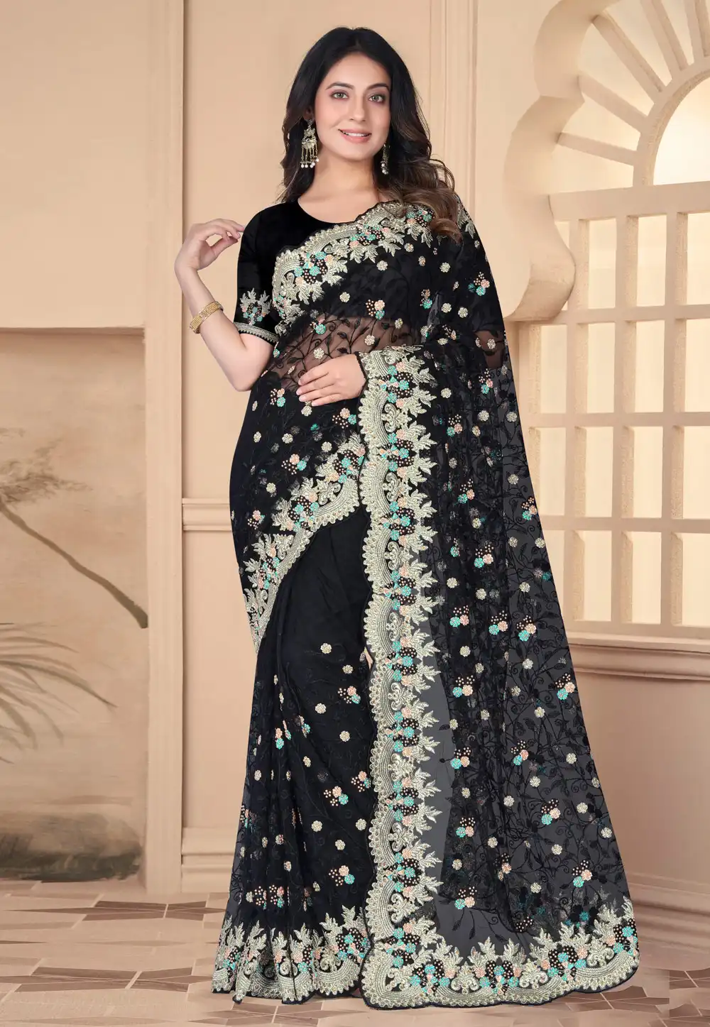 Black Net Saree With Blouse 288259