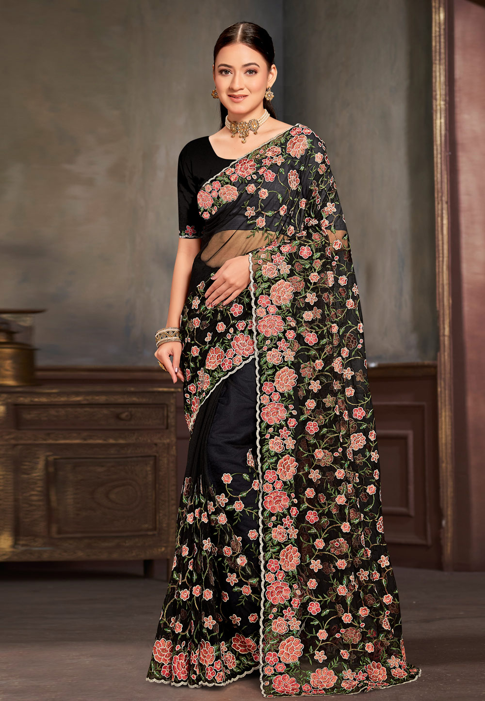 Black Net Saree With Blouse 306758
