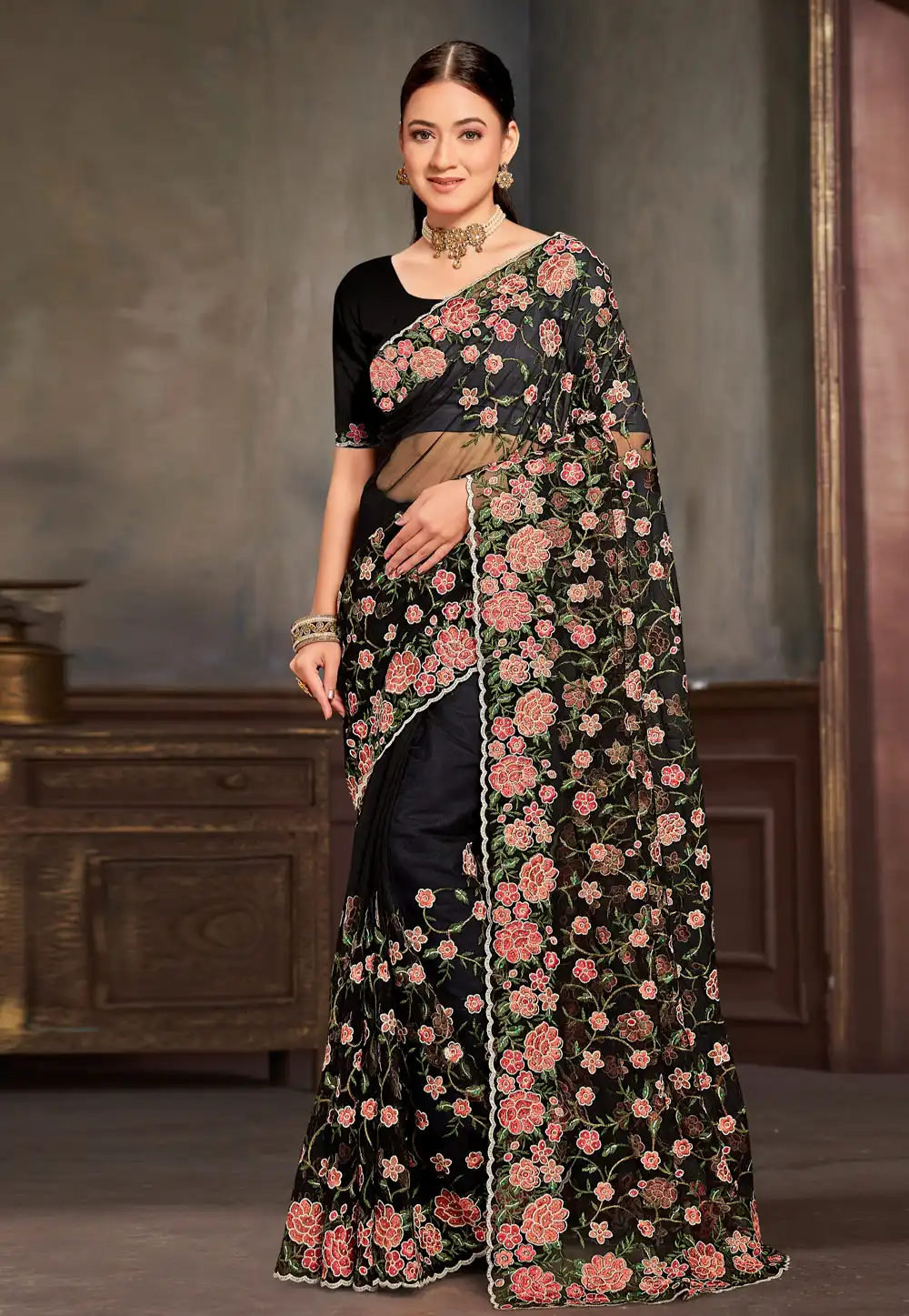 Black Net Saree With Blouse 306758