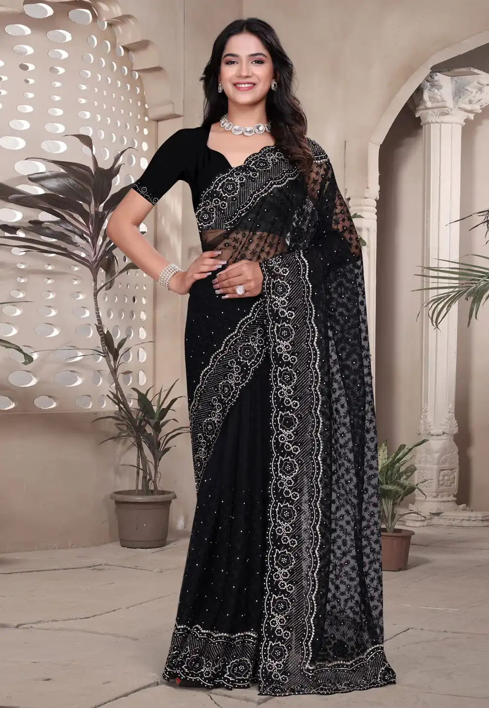 Black Net Saree With Blouse 314464