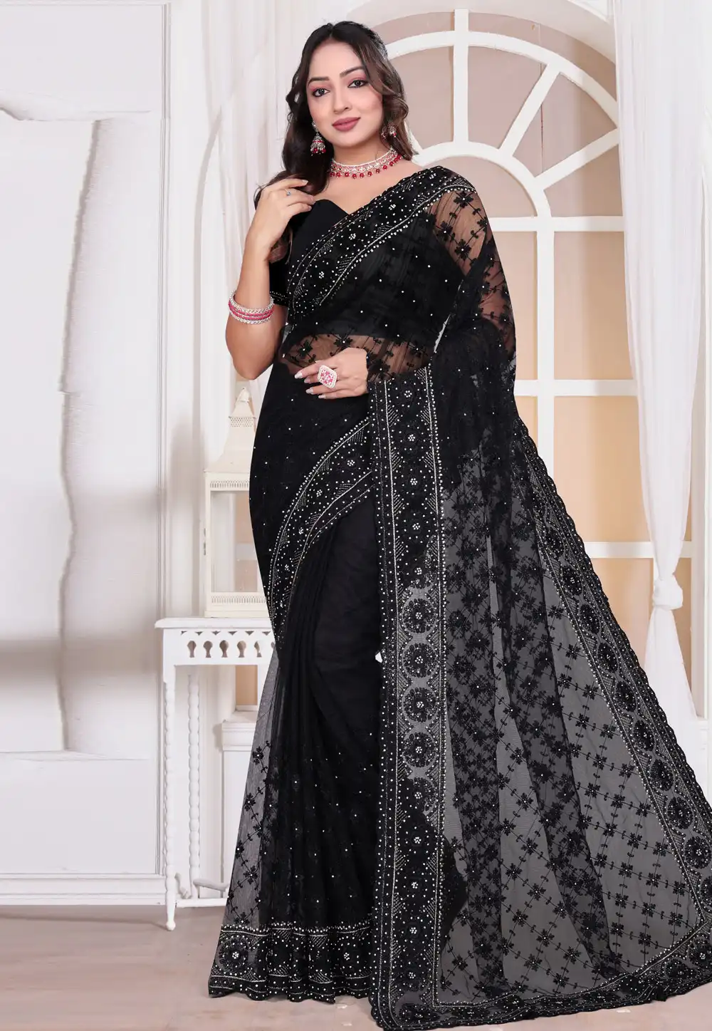 Black Net Saree With Blouse 314635