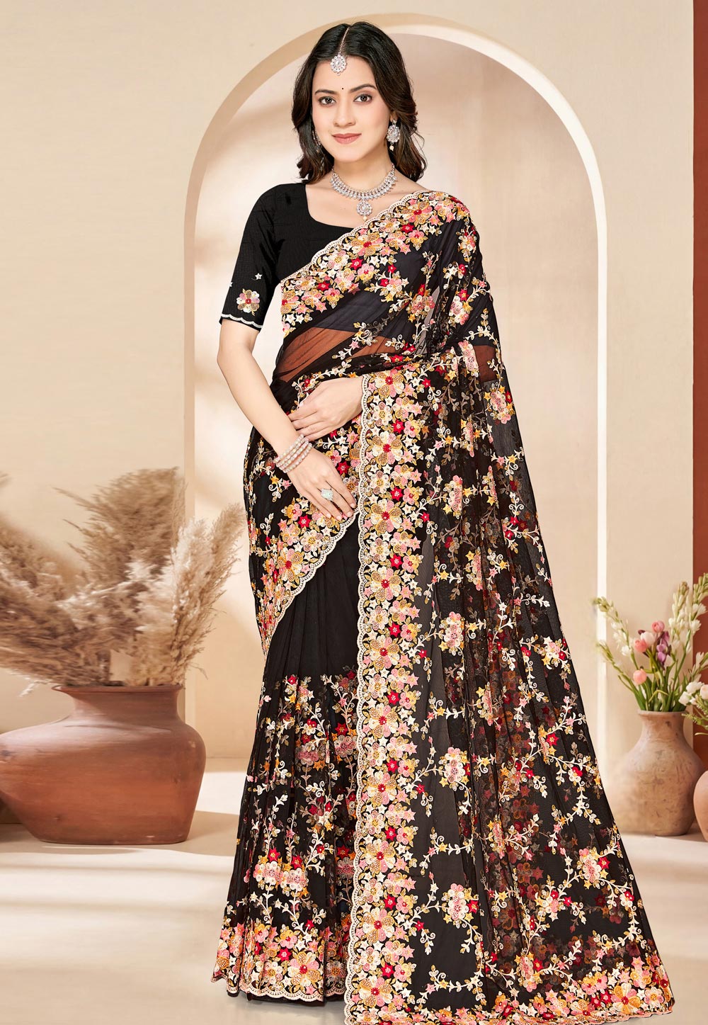 Black Net Saree With Blouse 324910