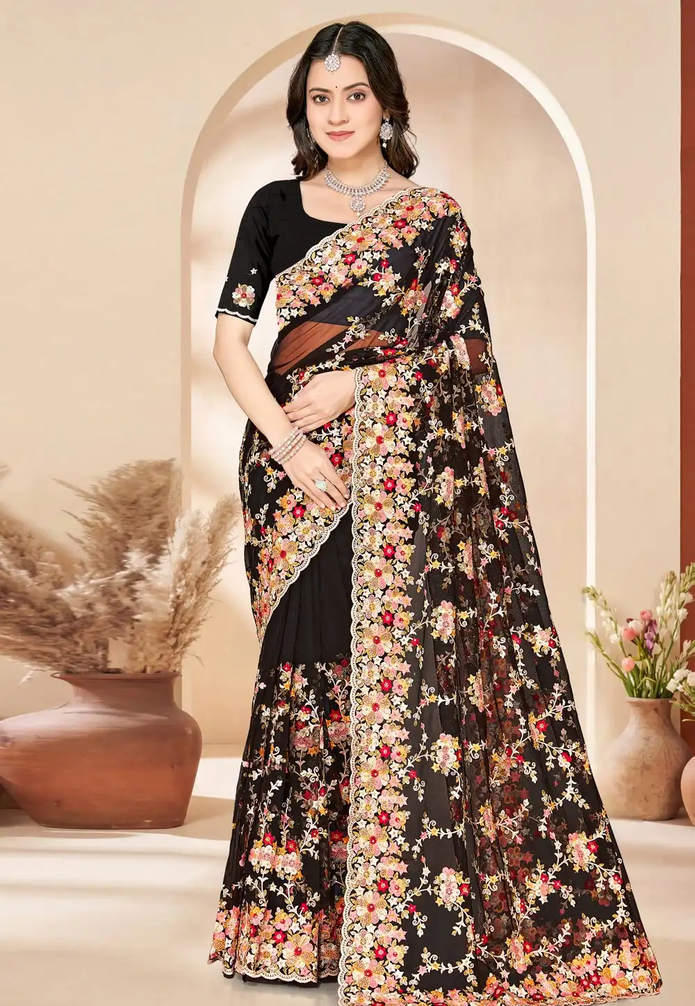 Black Net Saree With Blouse 324910
