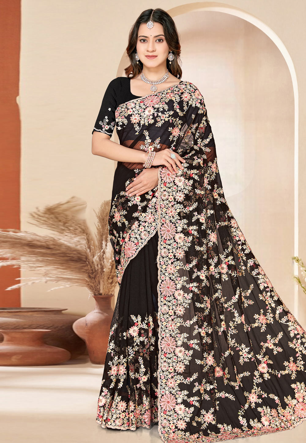 Black Net Saree With Blouse 325408