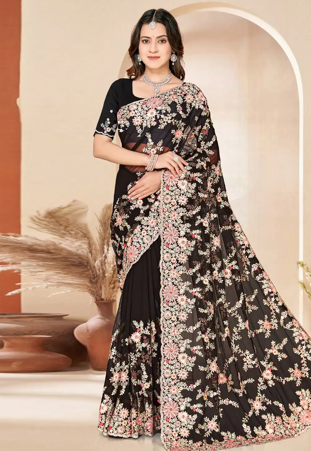 Black Net Saree With Blouse 325408