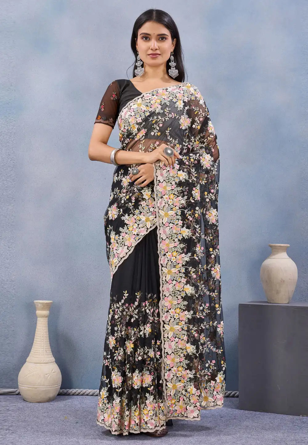 Black Net Saree With Blouse 327625