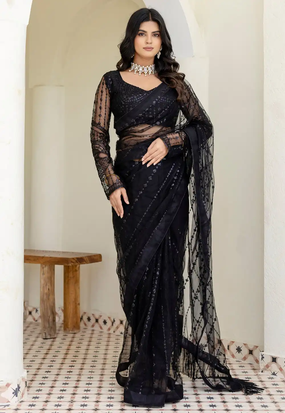 Black Net Saree With Blouse 314962