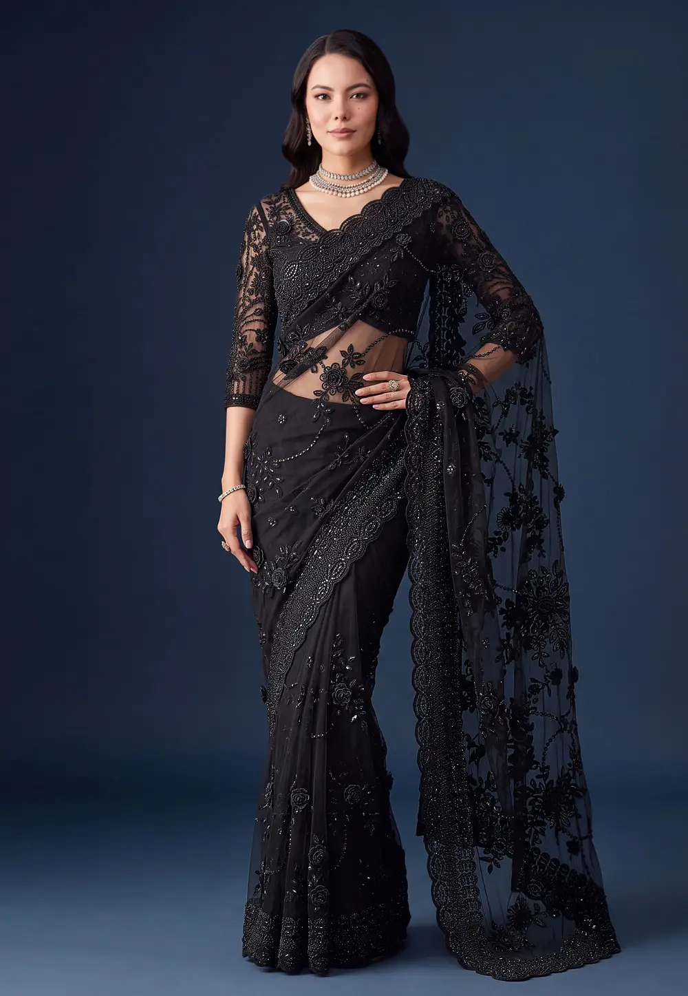 Black Net Saree With Blouse 334756