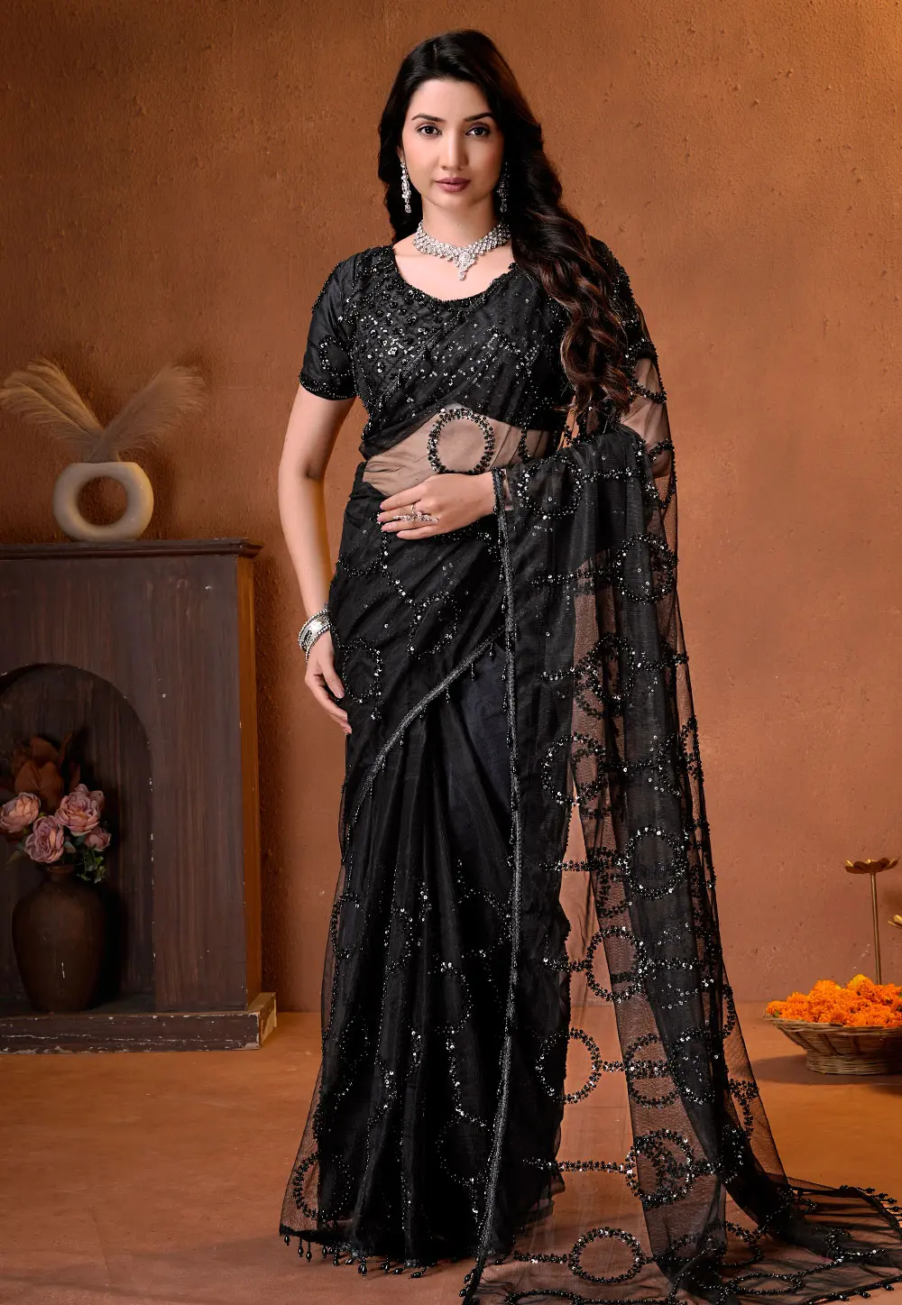 Black Net Saree With Blouse 331582
