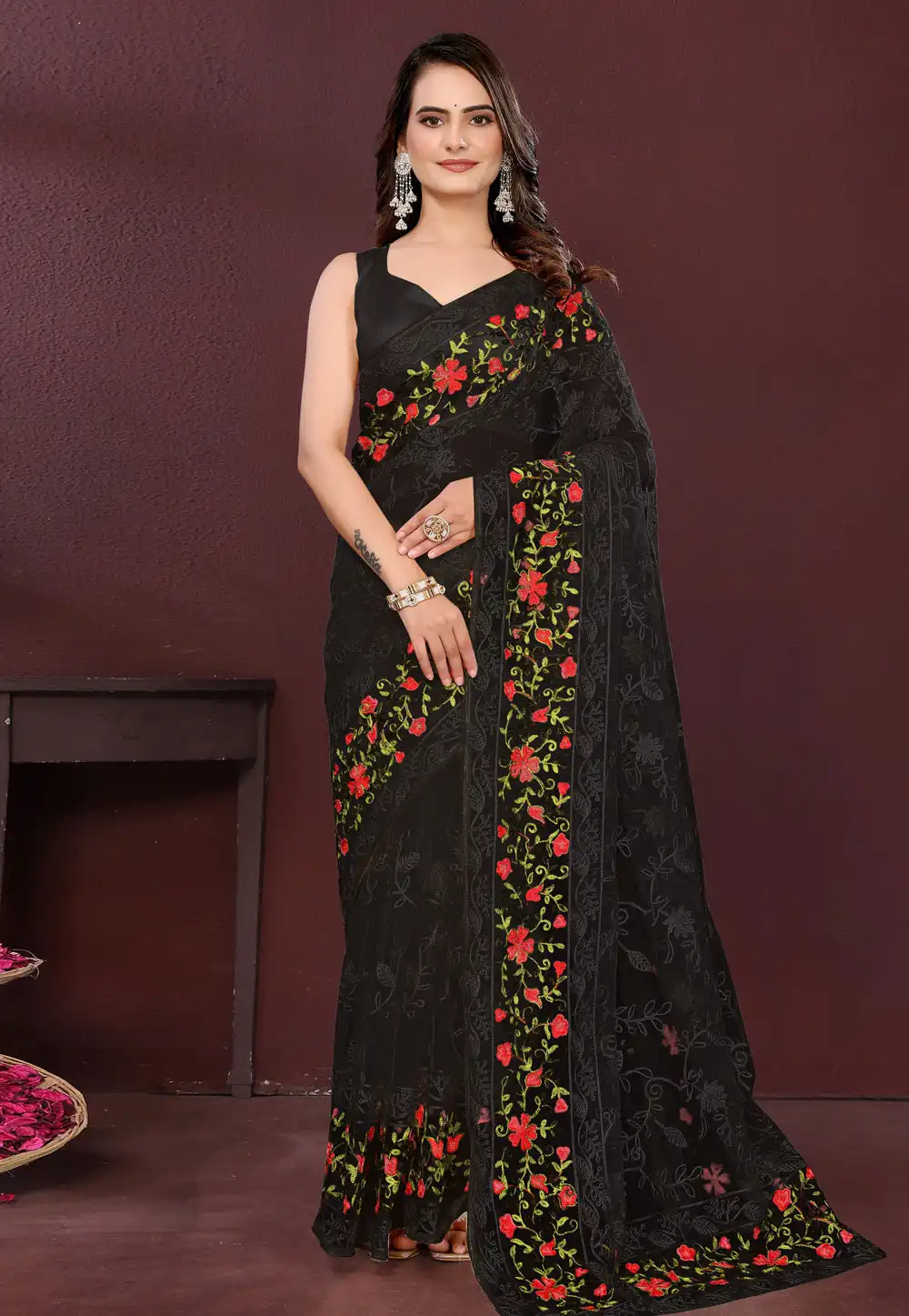 Black Net Saree With Blouse 316715