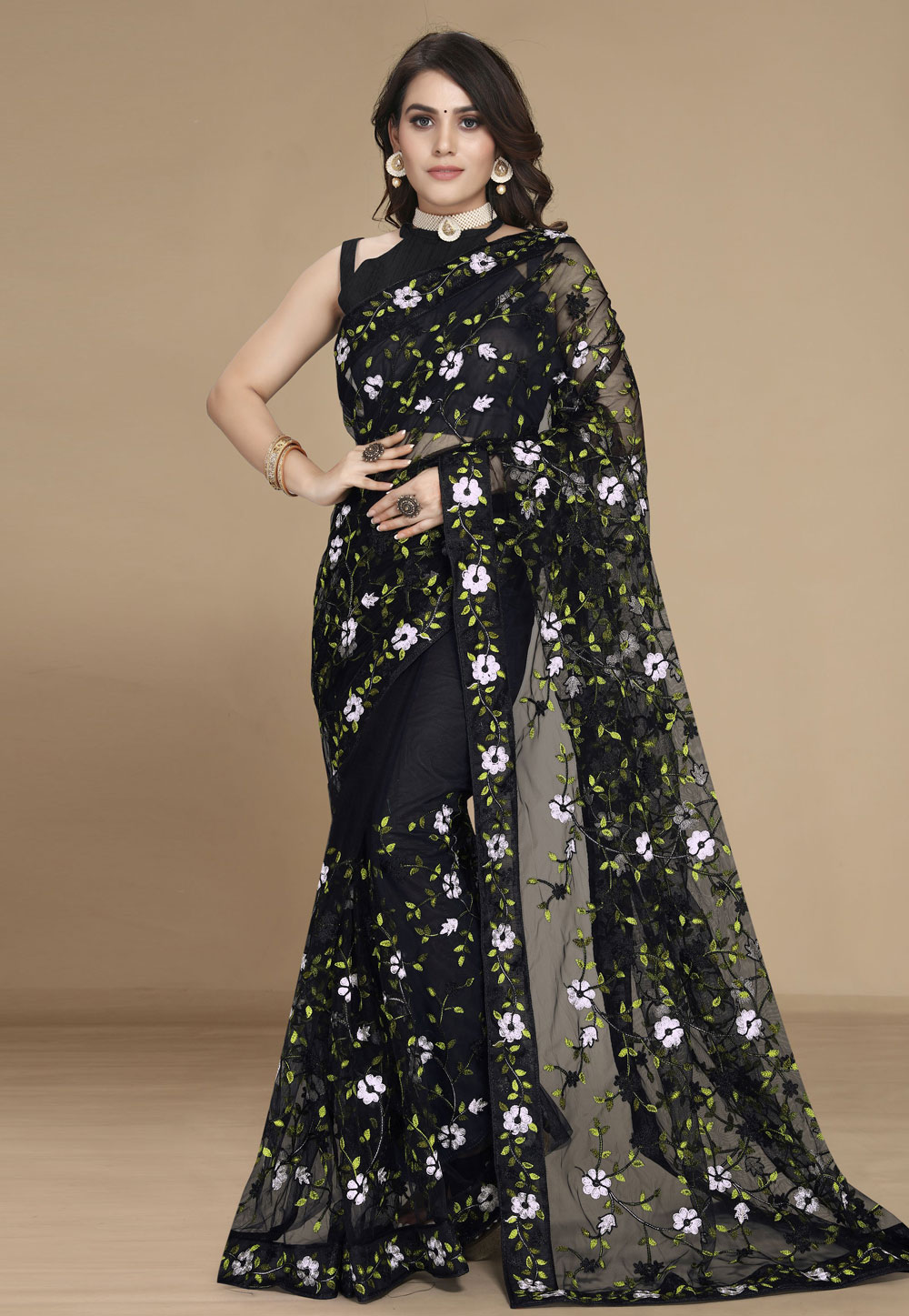 Black Net Saree With Blouse 311589