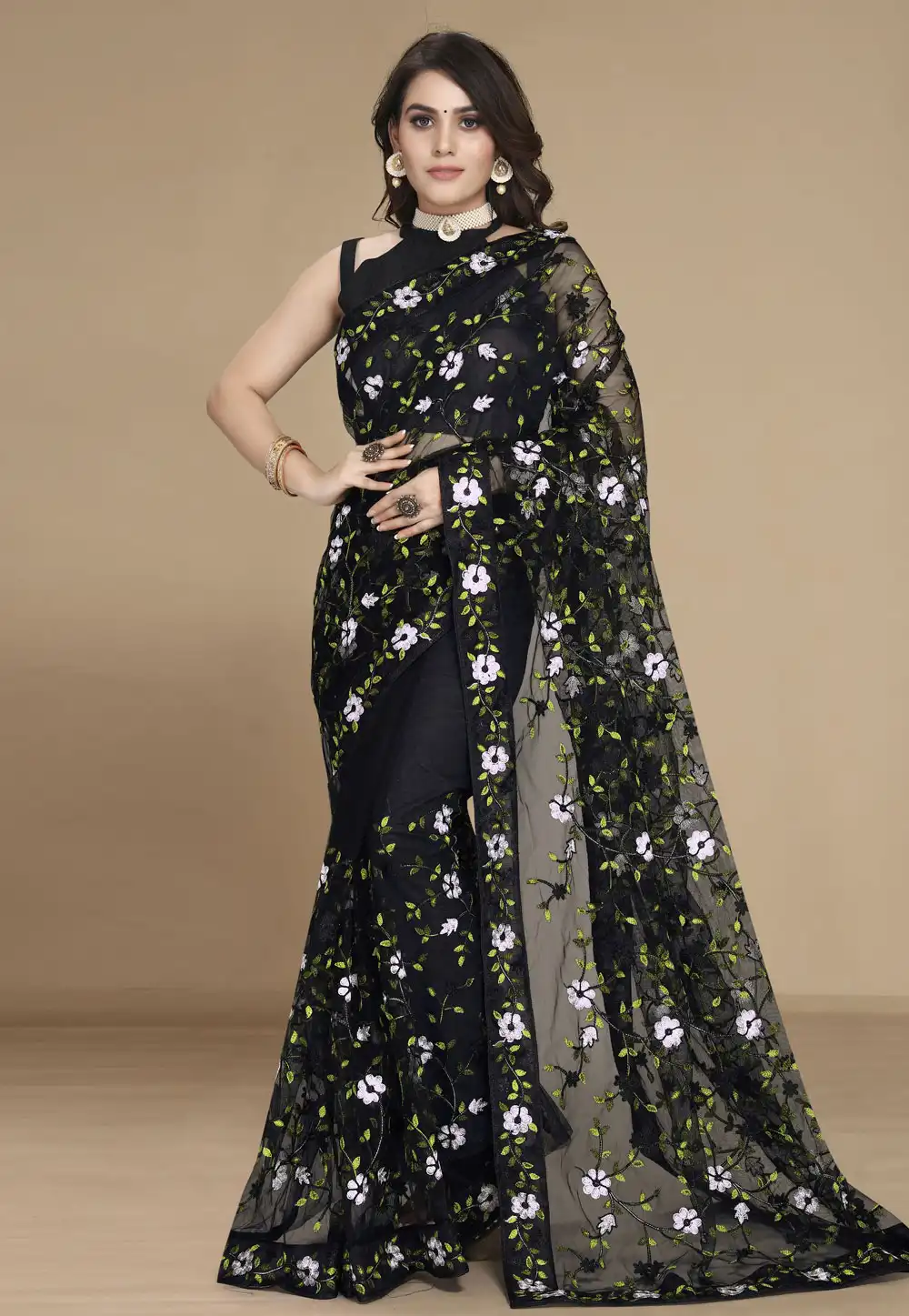 Black Net Saree With Blouse 311589
