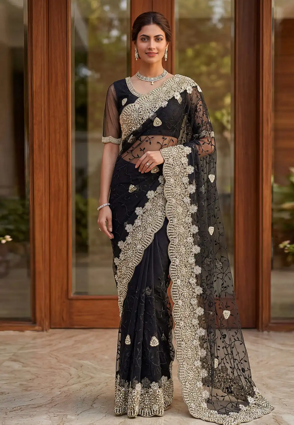 Black Net Saree With Blouse 330559