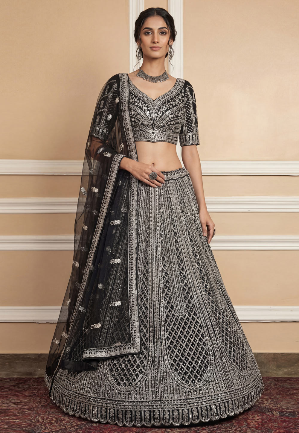 Black Net Wedding Lehenga Choli 322445