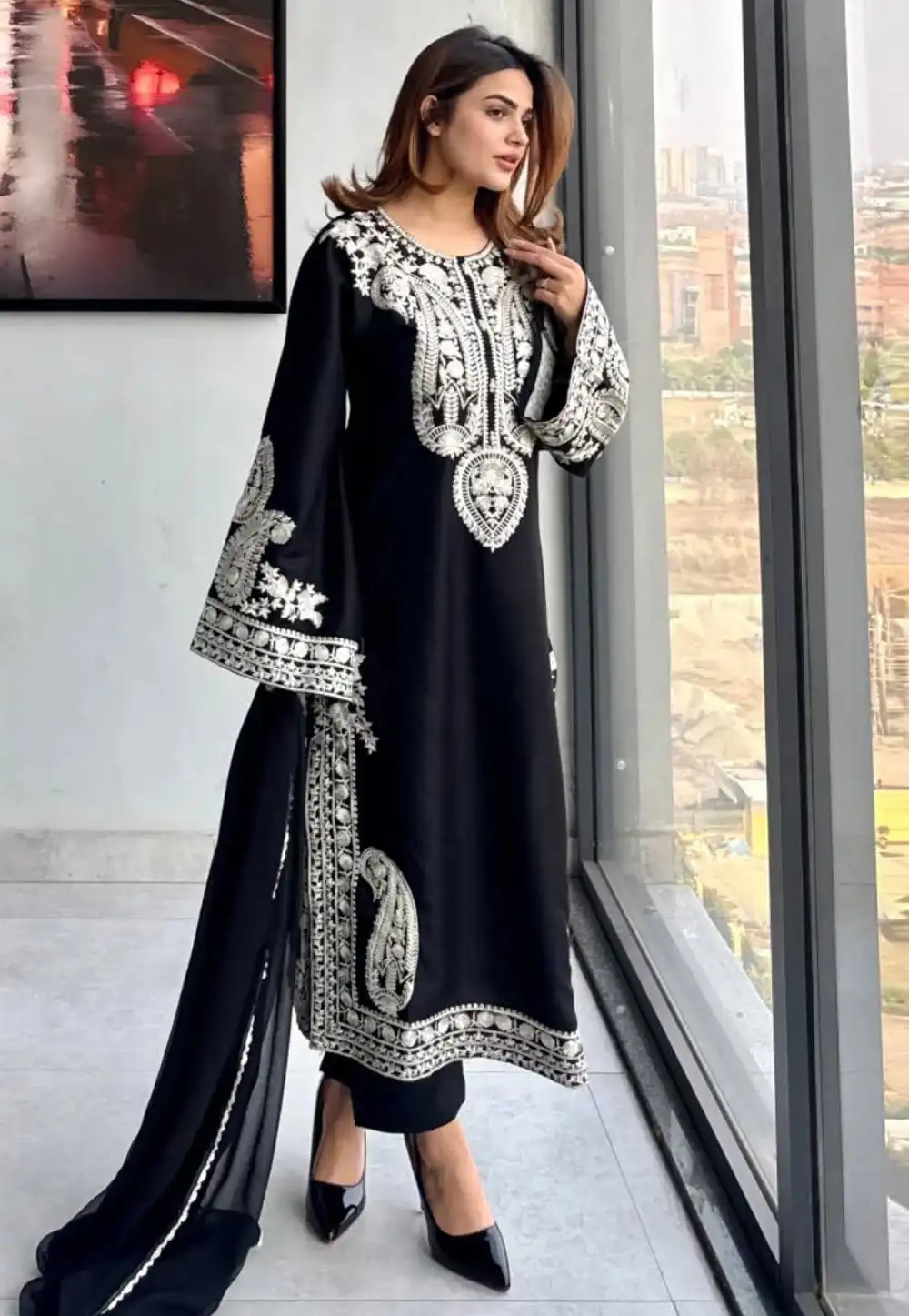 Black Nylon Readymade Pakistani Suit 328977