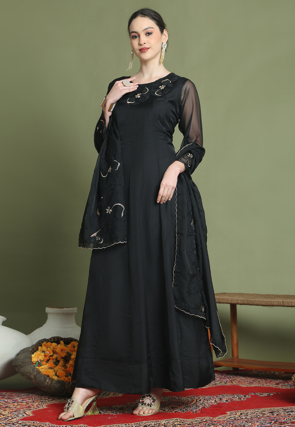Black Organza Readymade Anarkali Suit 312044