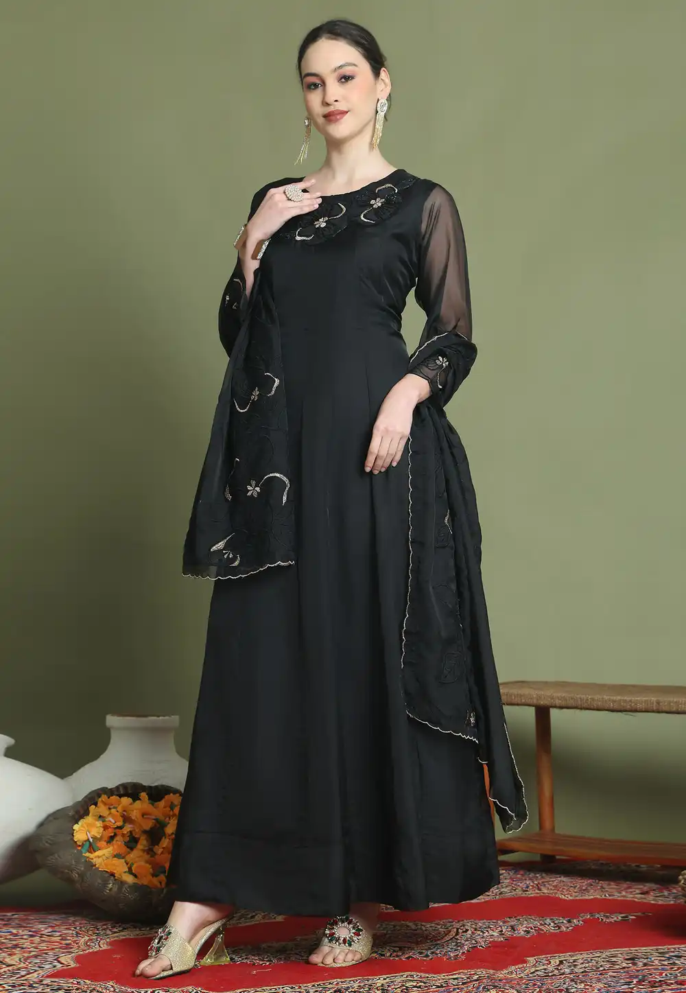 Black Organza Readymade Anarkali Suit 312044