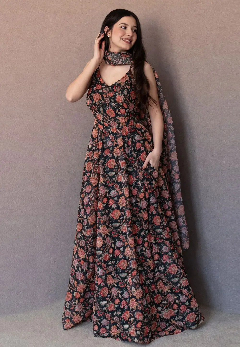 Black Organza Readymade Long Anarkali Suit 331623