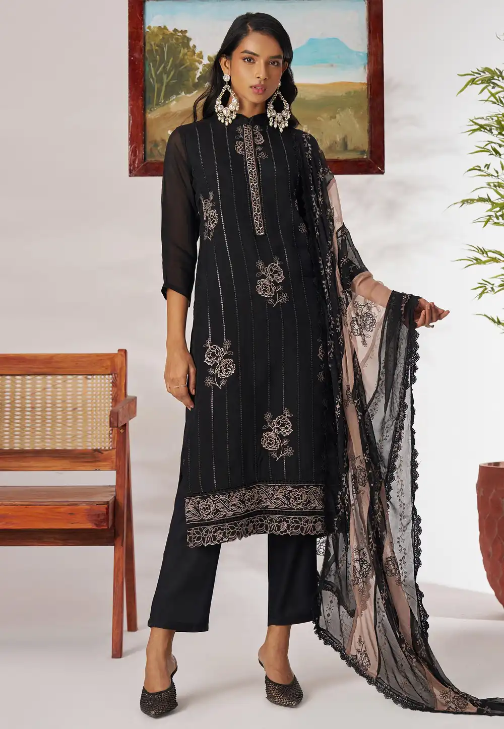 Black Organza Readymade Pant Style Suit 315868