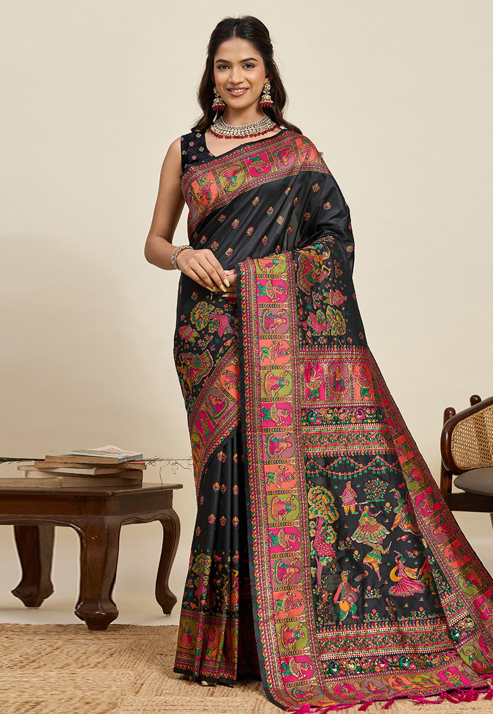 Black Pashmina Saree With Blouse 323026