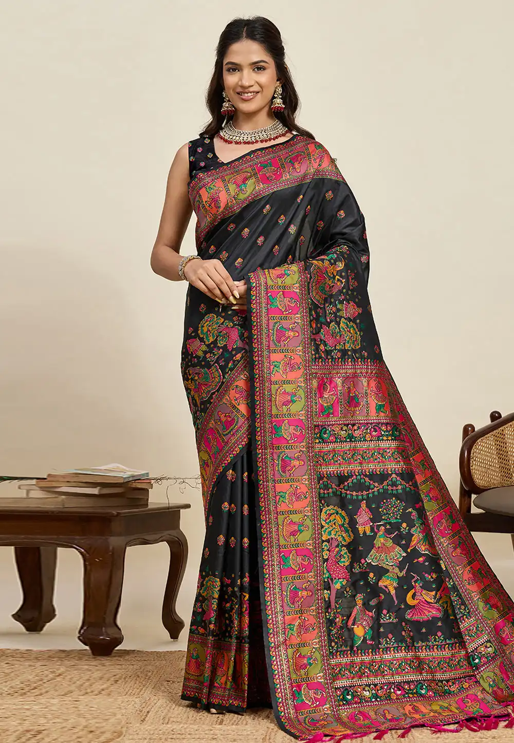 Black Pashmina Saree With Blouse 323026