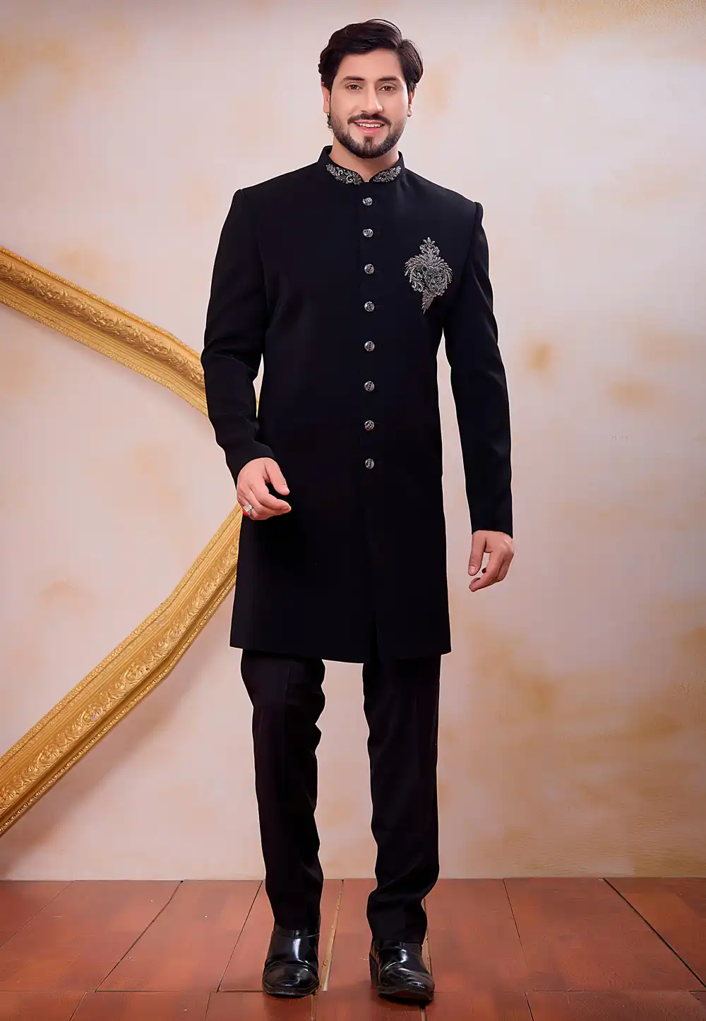 Black Polyester Indo Western Suit 330266