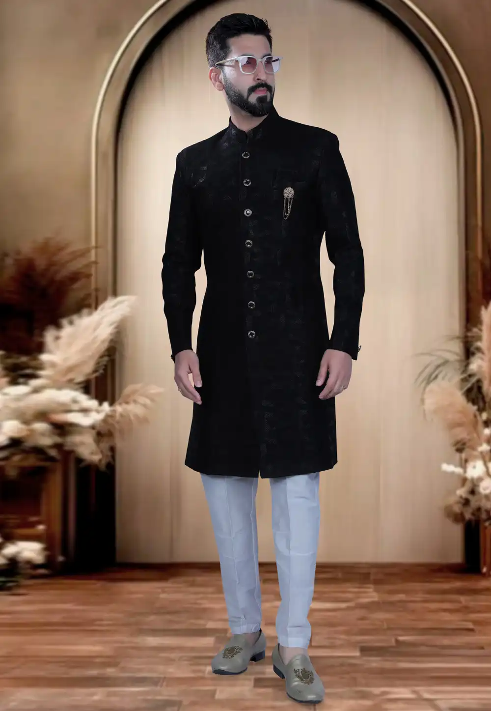 Black Rayon Achkan Style Sherwani 319667