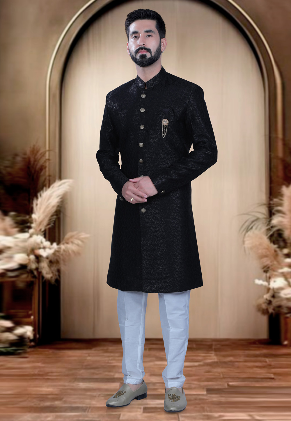 Black Rayon Achkan Style Sherwani 319686