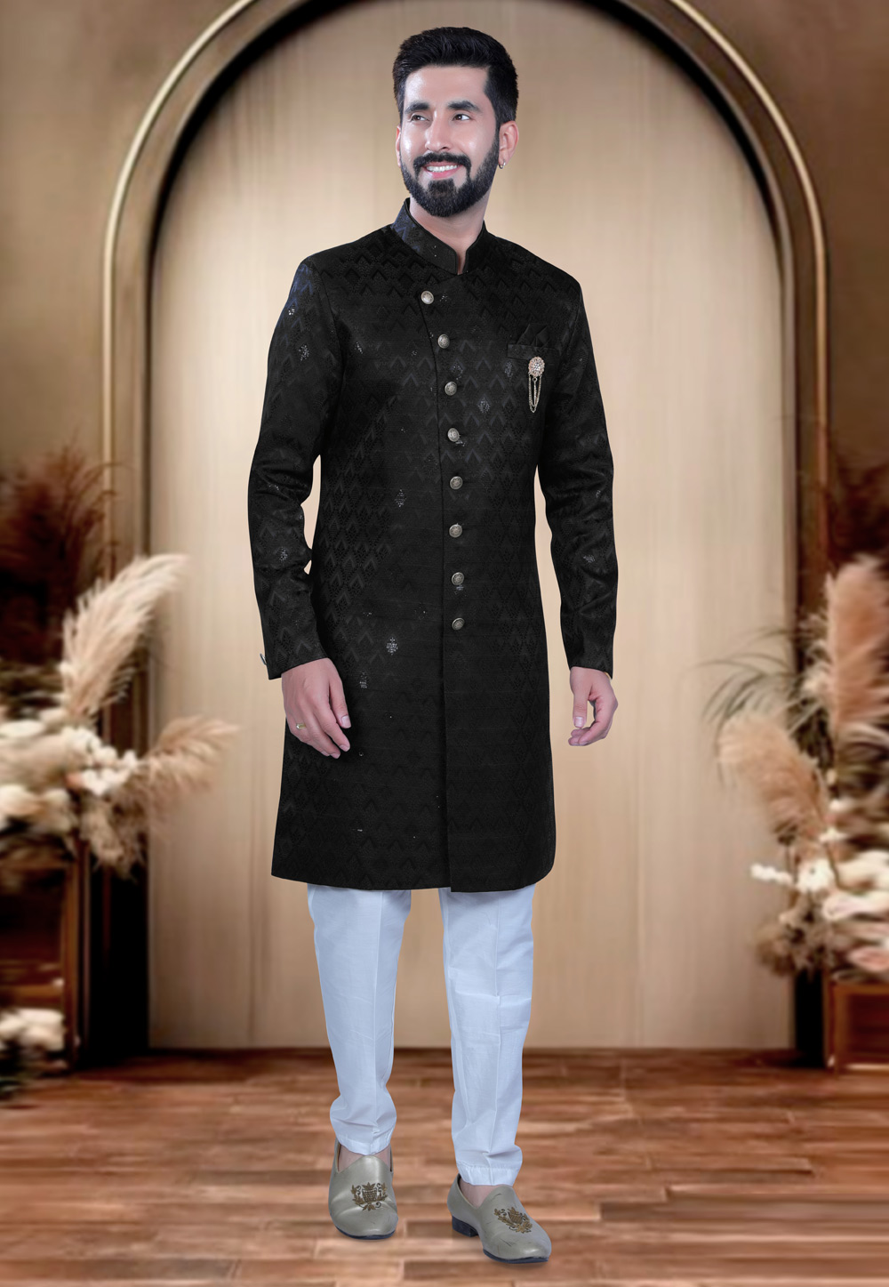 Black Rayon Indo Western Sherwani 319678