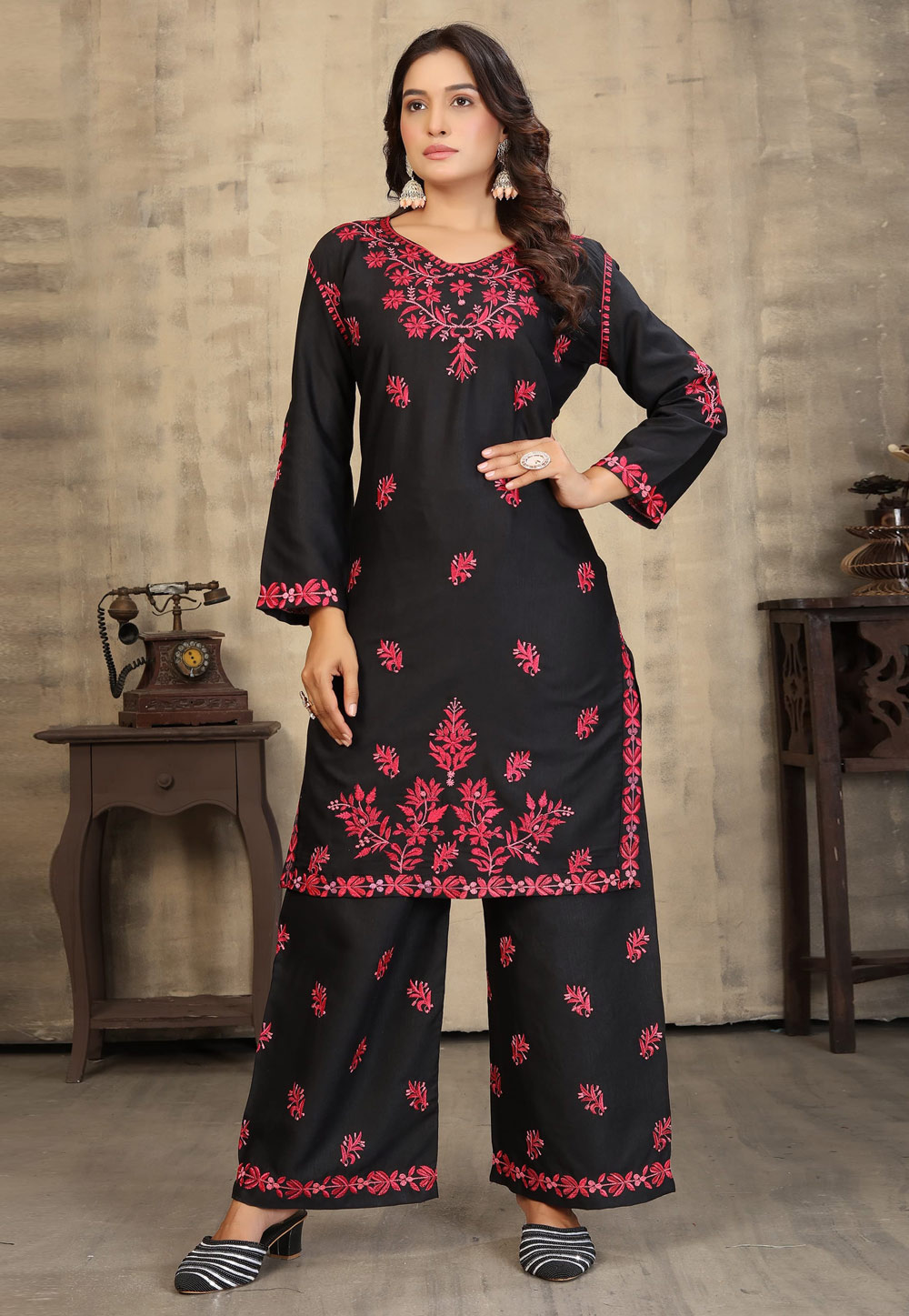 Black Rayon Kurta Set With Palazzo 309934
