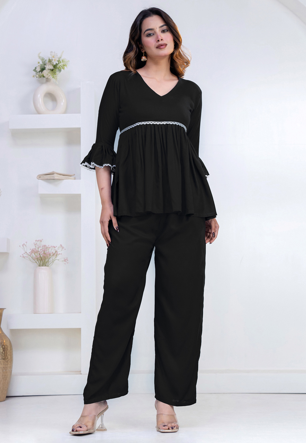 Black Rayon Kurta Set With Palazzo 327276