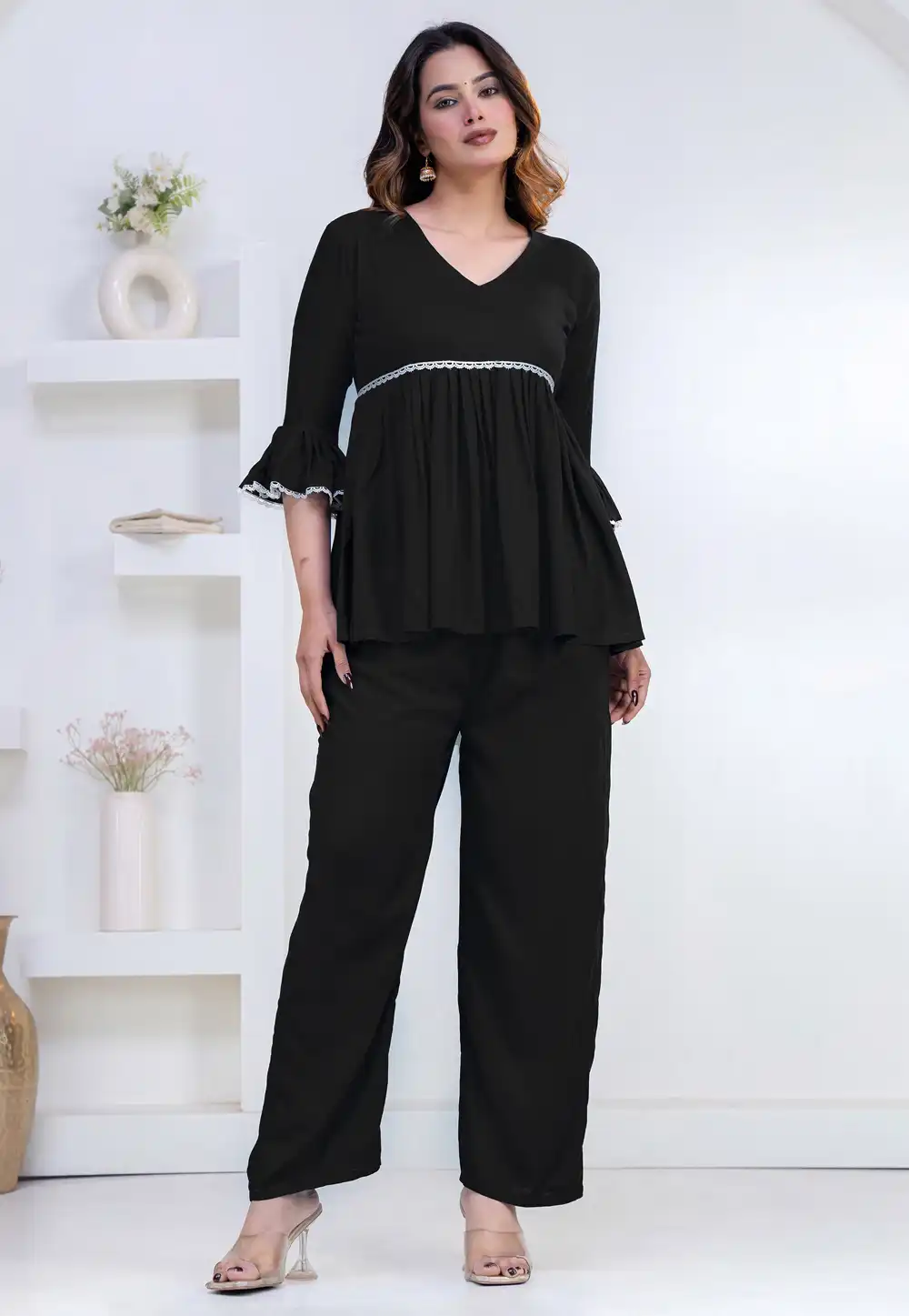 Black Rayon Kurta Set With Palazzo 327276