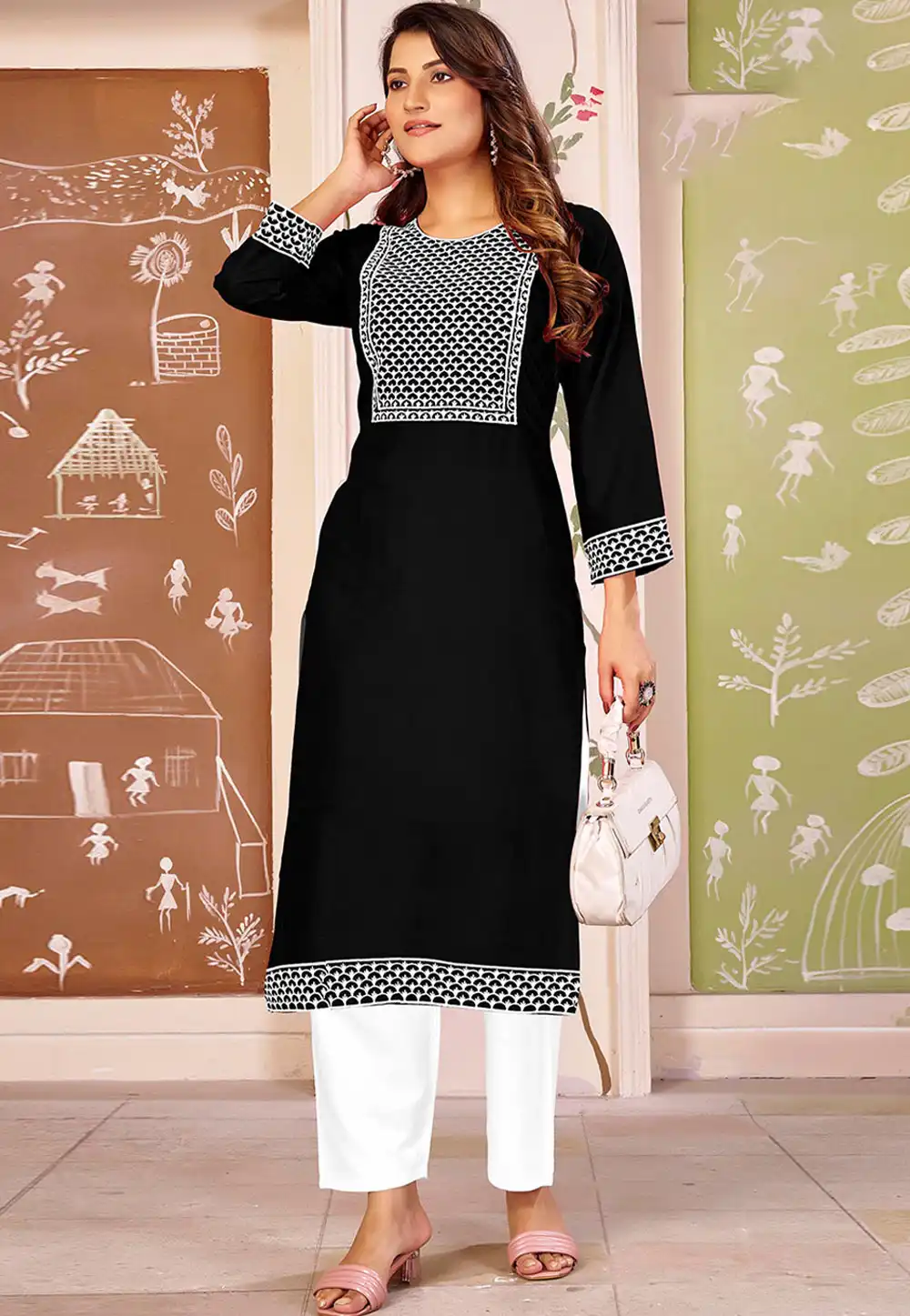 Black Rayon Kurta Set With Pant 324118