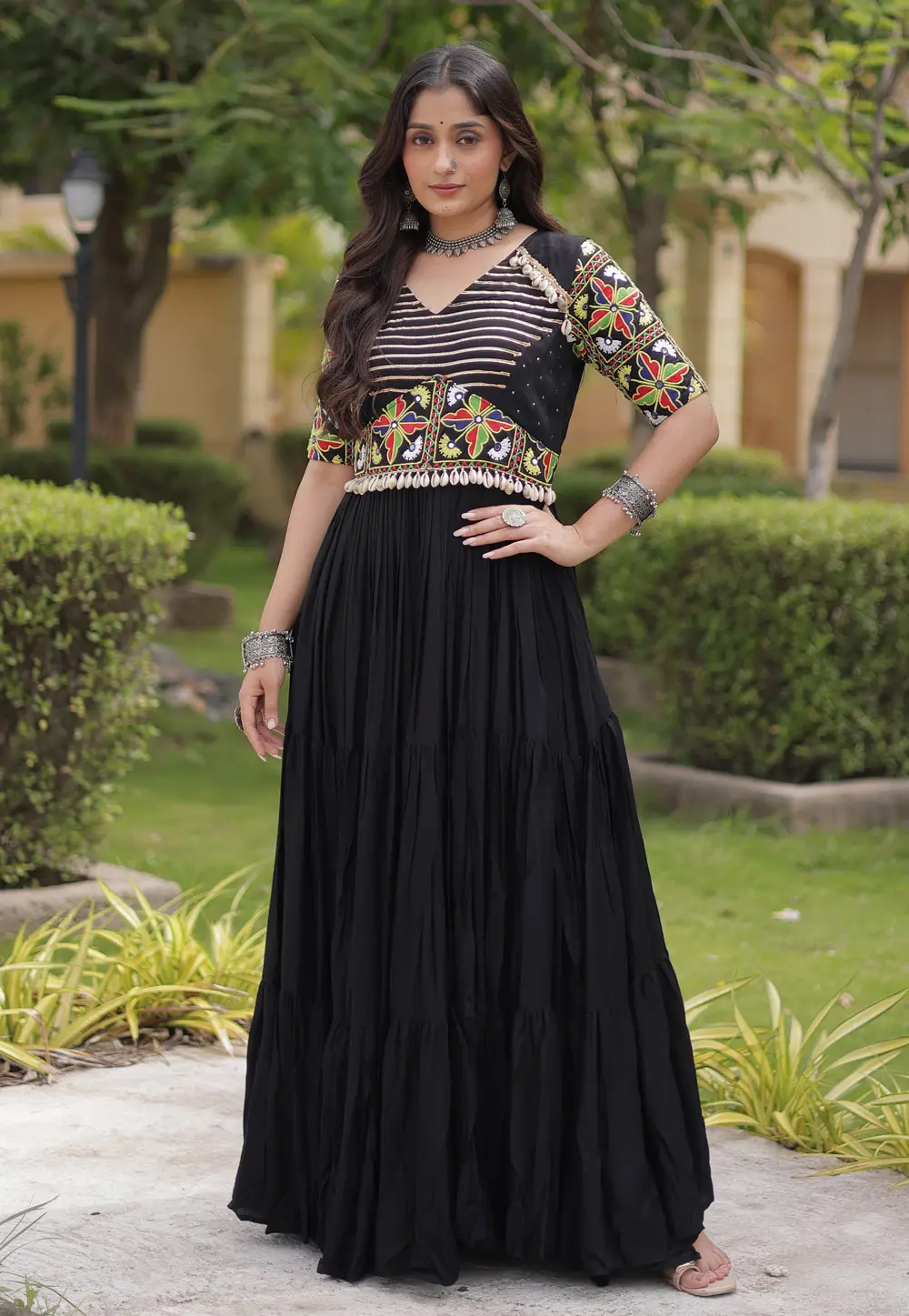 Black Rayon Navratri Wear Gown 335387