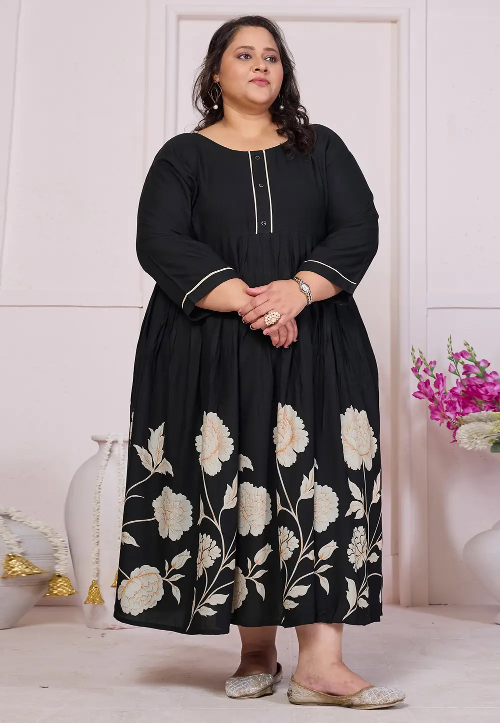 Black Rayon Printed Gown 337058