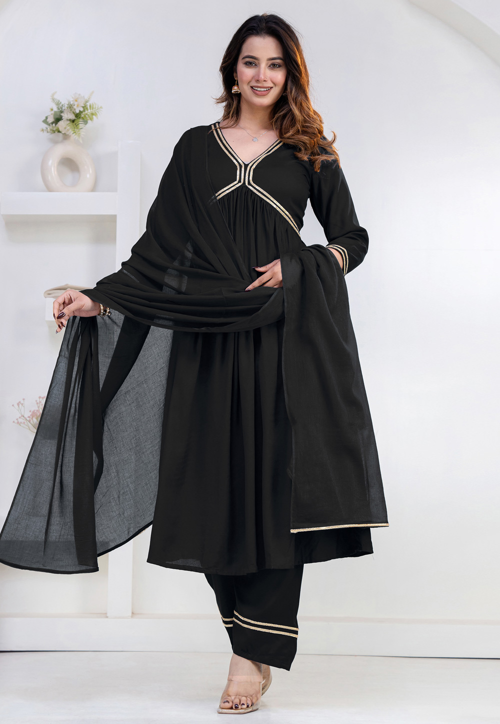 Black Rayon Readymade Anarkali Suit 325442
