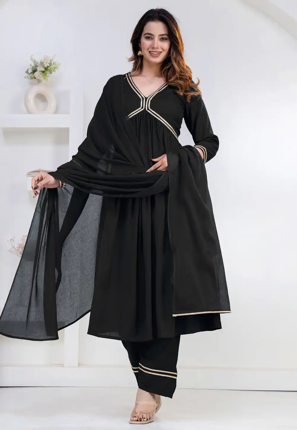 Black Rayon Readymade Anarkali Suit 325442