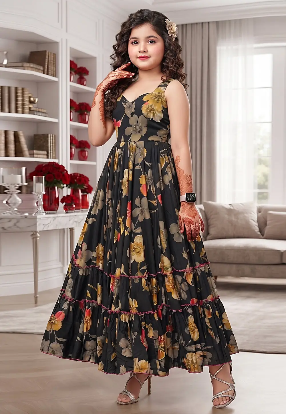 Black Rayon Readymade Kids Gown 332554