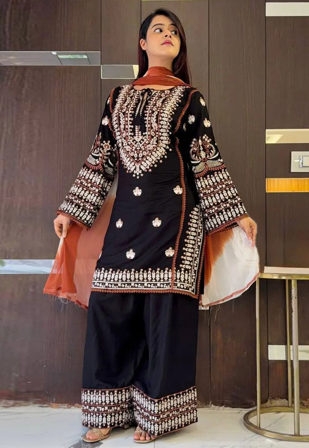 Black Rayon Readymade Palazzo Suit 331626